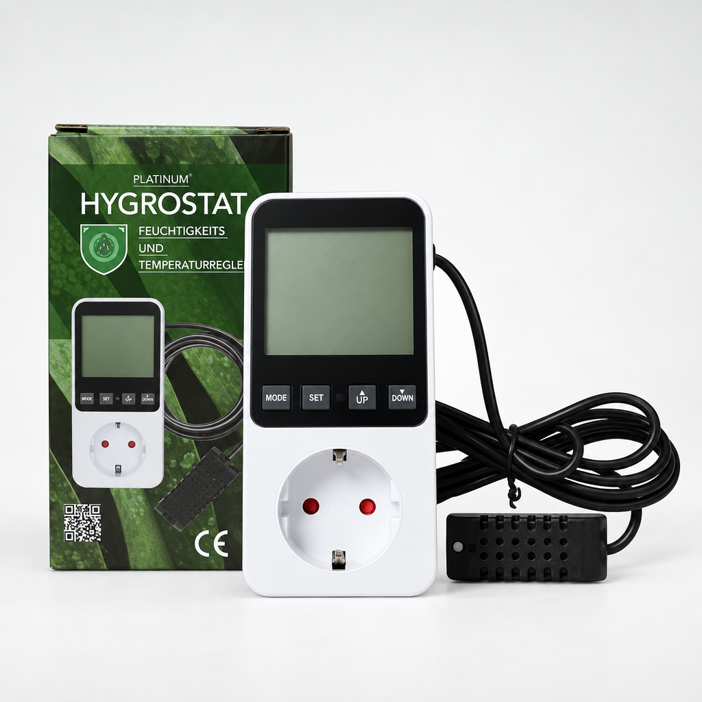 Platinum Humi Controller 16A kosteudensäädin, anturi ja pakkaus vaalealla taustalla